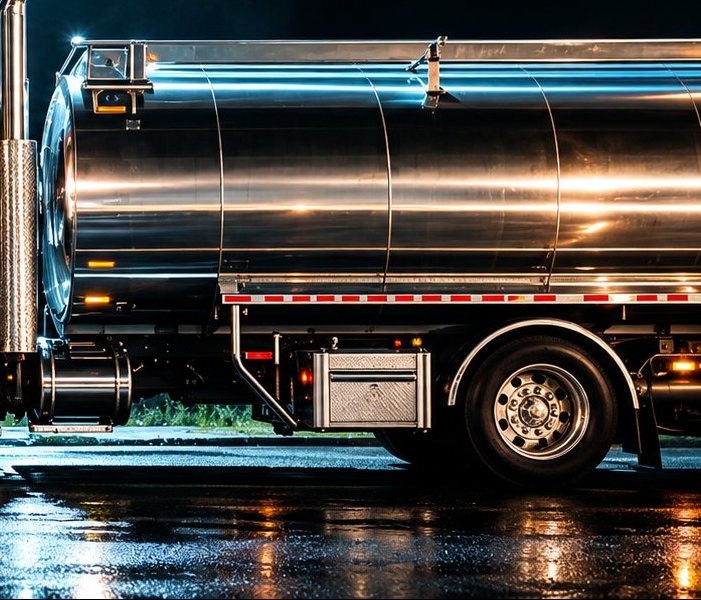 Close-up of a polished fuel tanker and its wheels on wet asphalt