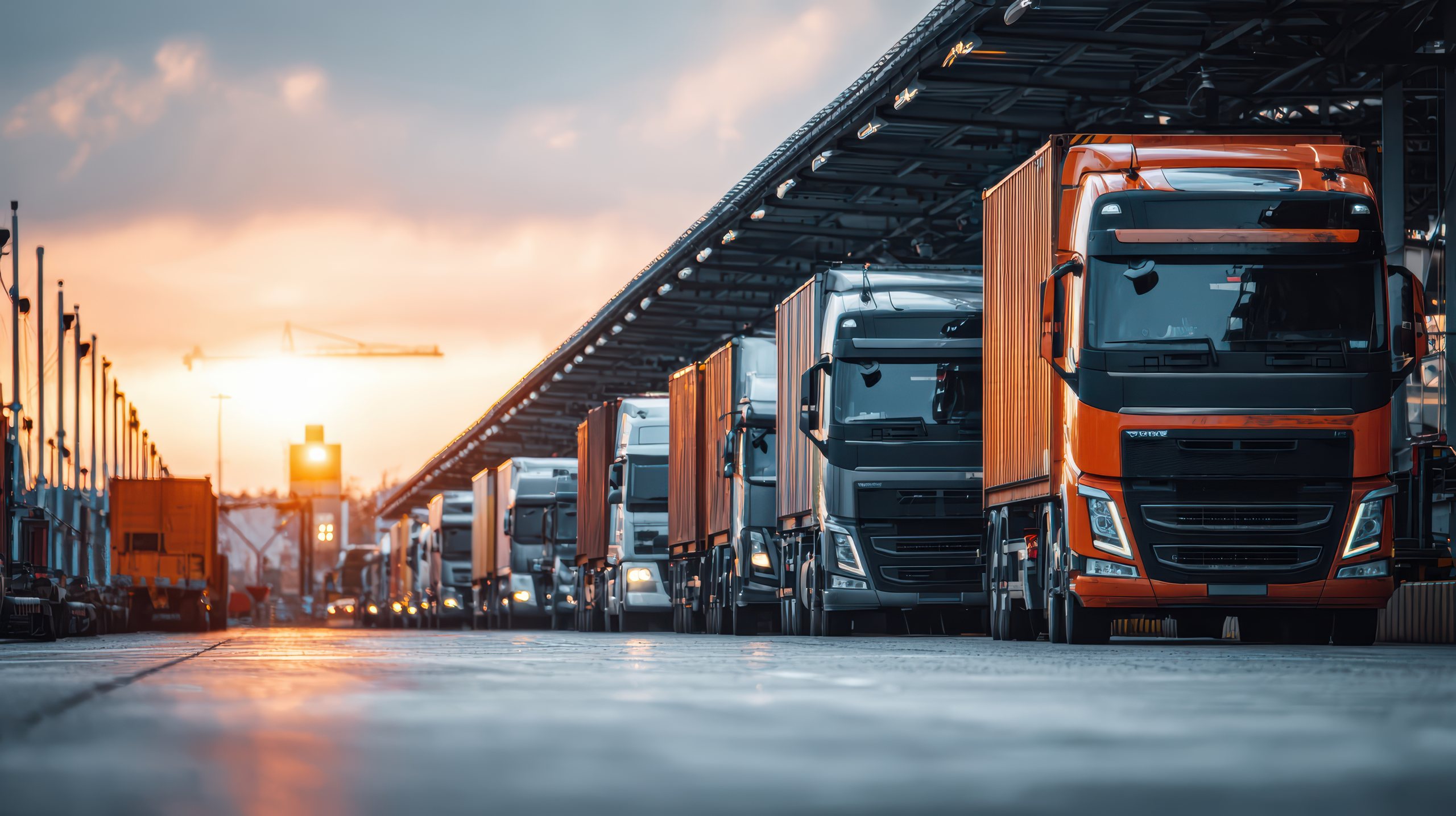 Row of container trucks lined up under a loading canopy at sunset